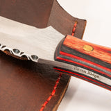 Knife with a wooden handle and leather sheath on a white background