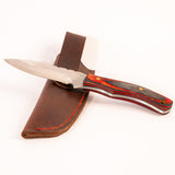 Knife with a wooden handle and leather sheath on a white background