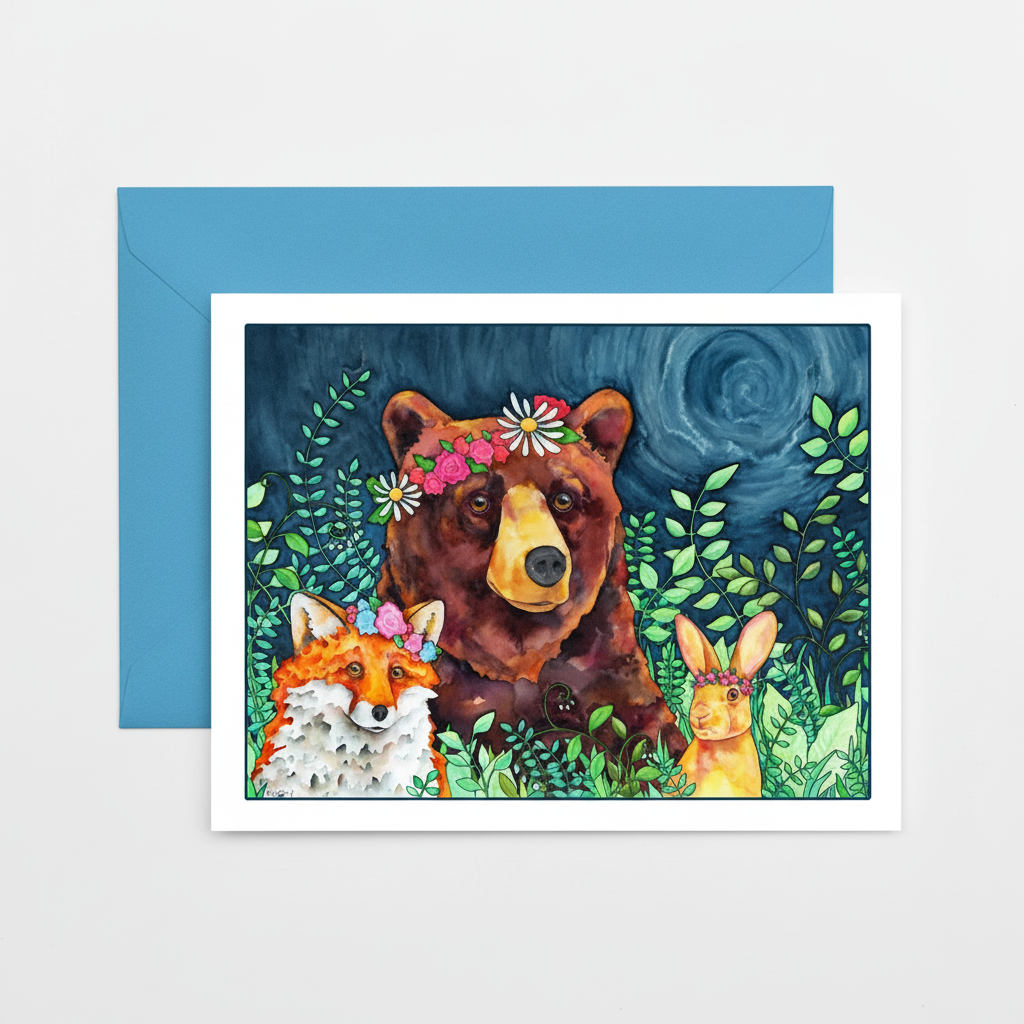 A square art print or greeting card with a white border showing a painted scene of a brown bear, fox, rabbit, and flowers, placed in front of a blue envelope on a white surface.