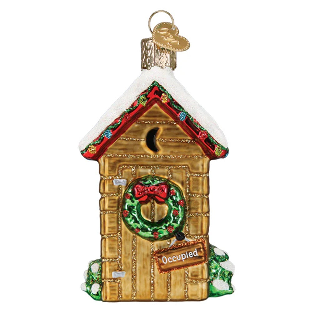 Decorative Christmas birdhouse ornament with a wreath and 'Occupied' sign on a white background