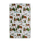 Patterned fabric with bears, moose, and trees on a white background