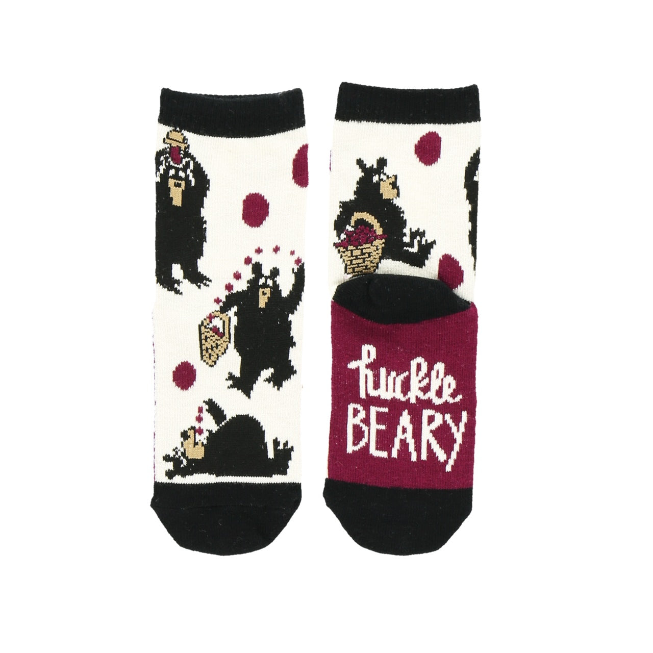 Two socks with bear illustrations and the text 'Huckle BEARy' on a white background