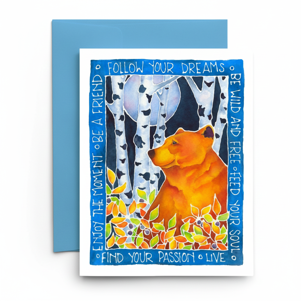 A square greeting card with a blue envelope, placed on a white surface. The card features a colorful illustration of an orange bear among birch trees and autumn leaves, surrounded by motivational text such as 'FOLLOW YOUR DREAMS' and 'ENJOY THE MOMENT • BE A FRIEND'.