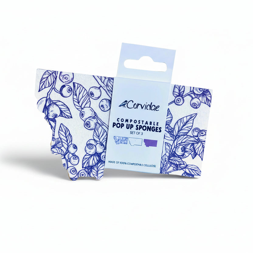 Two packages of Corvidae compostable pop-up sponges on a wooden surface.