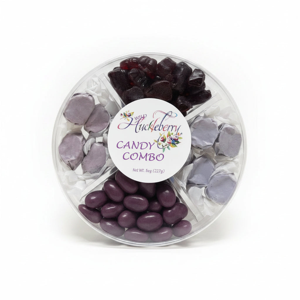 Candy combo in a clear container with a label on a white background