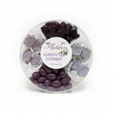 Candy combo in a clear container with a label on a white background