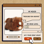 Plush horse toy with a digital interface on a beige background