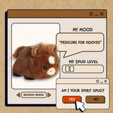 Plush horse toy with a digital interface on a beige background