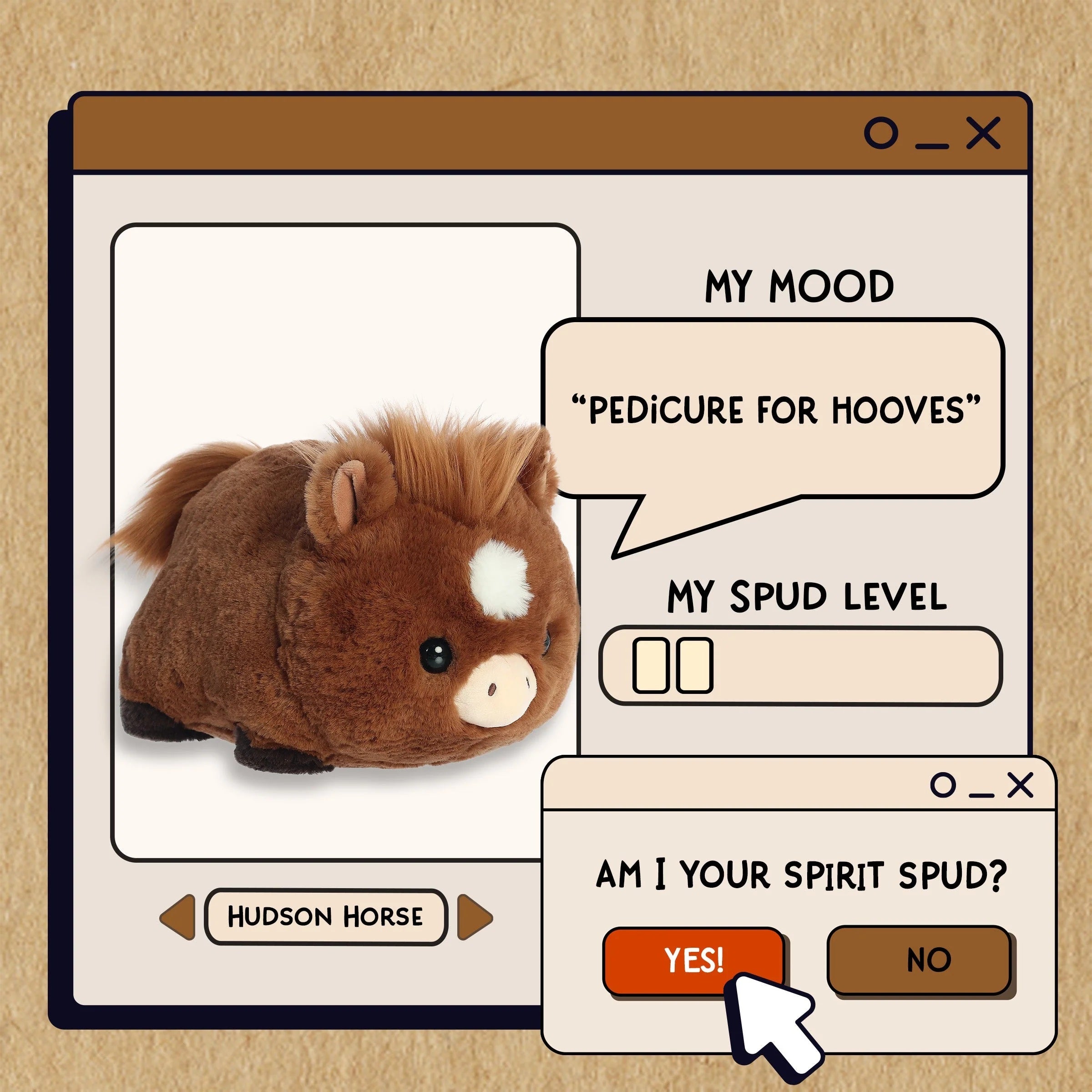 Plush horse toy with a digital interface on a beige background