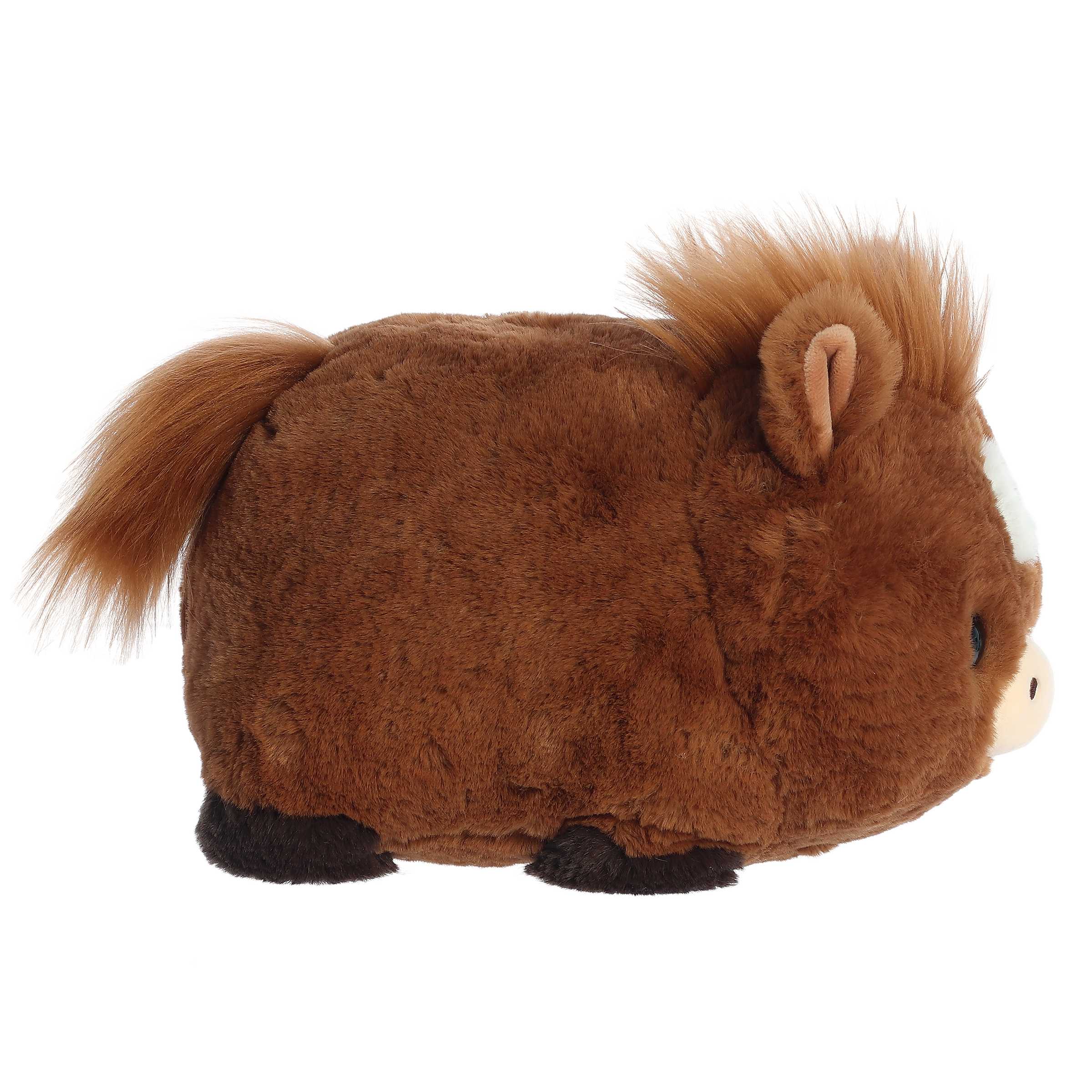 Brown plush toy resembling a horse on a white background