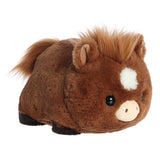 Plush horse toy with brown fur and a white spot on a white background
