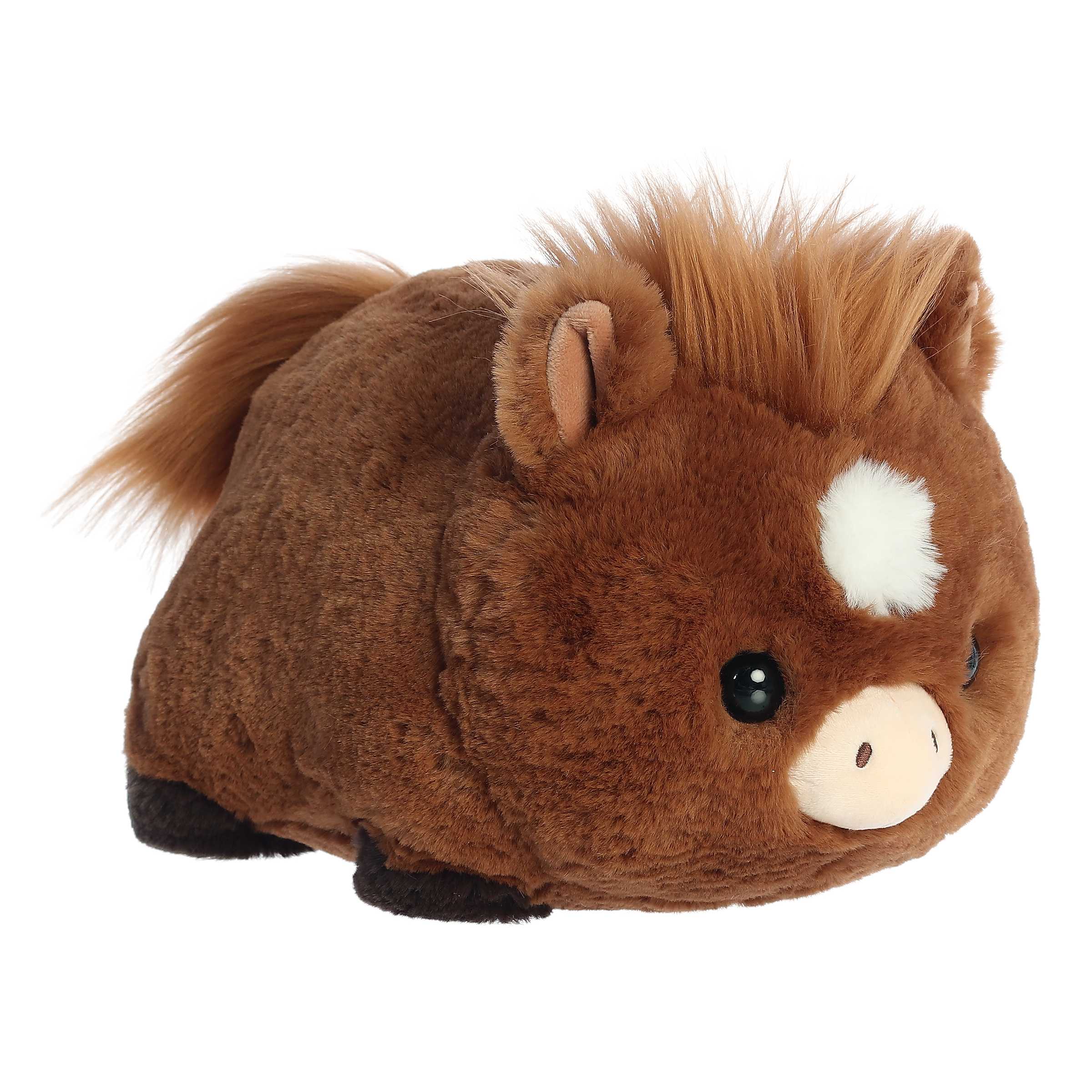 Plush horse toy with brown fur and a white spot on a white background