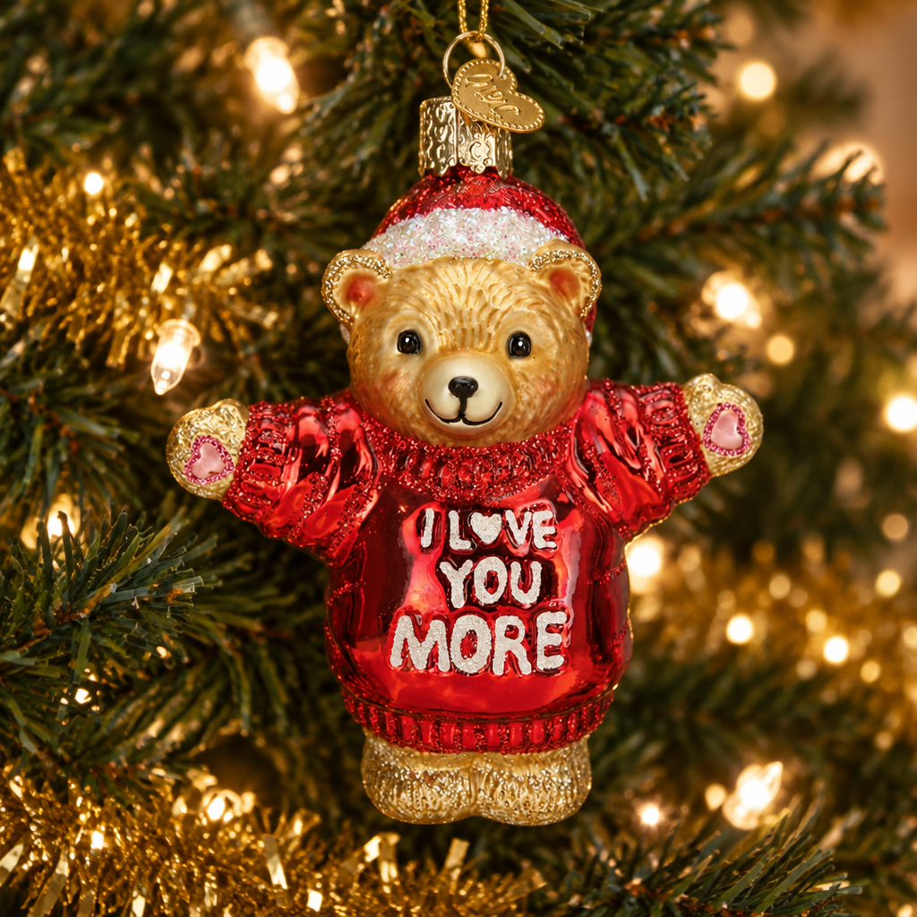 A teddy bear Christmas ornament hanging on a decorated Christmas tree. The ornament is made of textured red glass with gold trim, a red Santa hat with a white band, and pink glittery gloves.