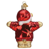 Glass bear ornament wearing a red sweater with 'I love you more' text on a white background