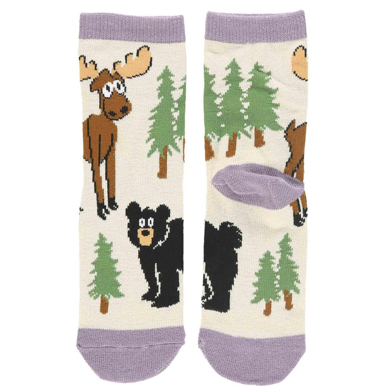 pair of kids socks with a design of moose, black bear, and trees. Purple trim on heel and toe. On white background