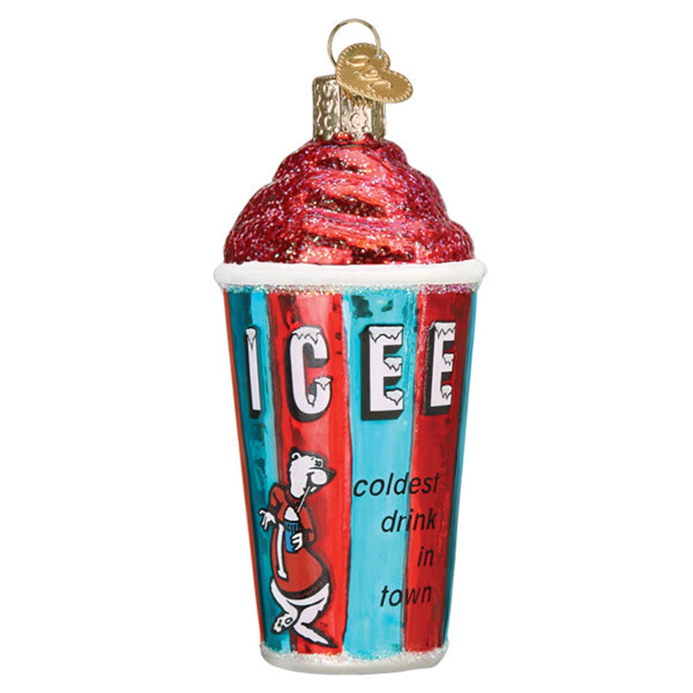 A novelty Christmas ornament shaped like a cup of iced coffee, featuring a red glittery swirl top, a red and blue striped cup with the word 'ICE' and a cartoon character, and a gold hanging loop on a white background.