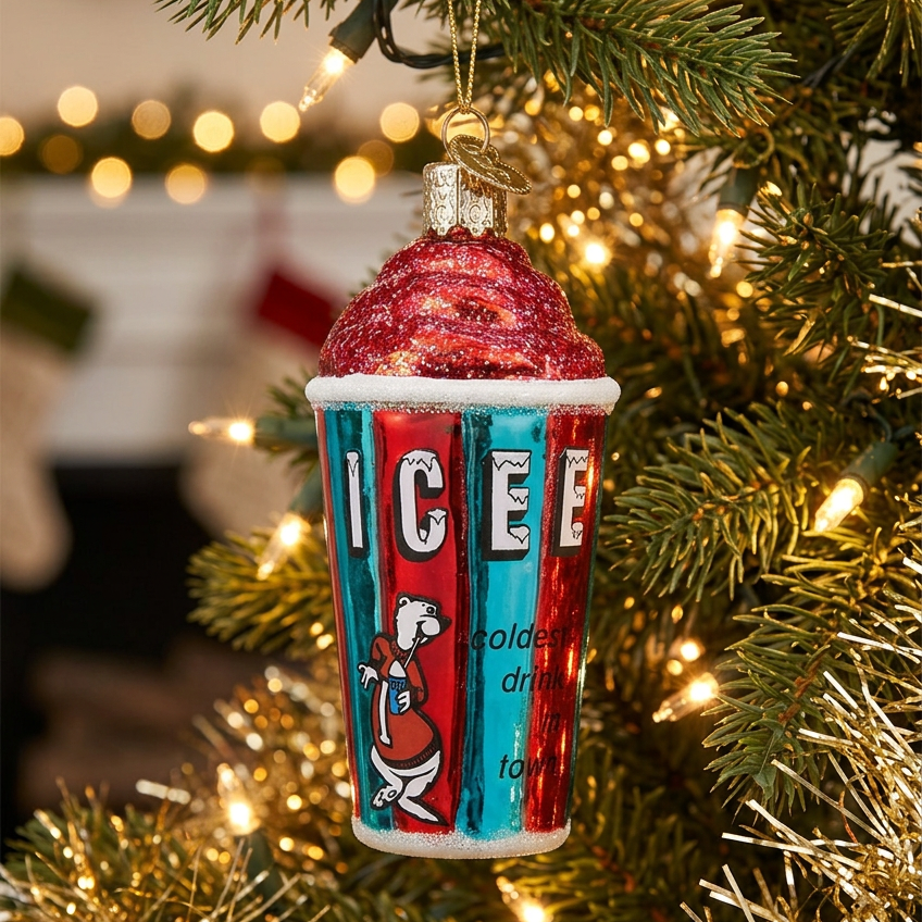 A Christmas ornament shaped like a retro iced coffee cup hanging on a decorated Christmas tree with warm string lights.