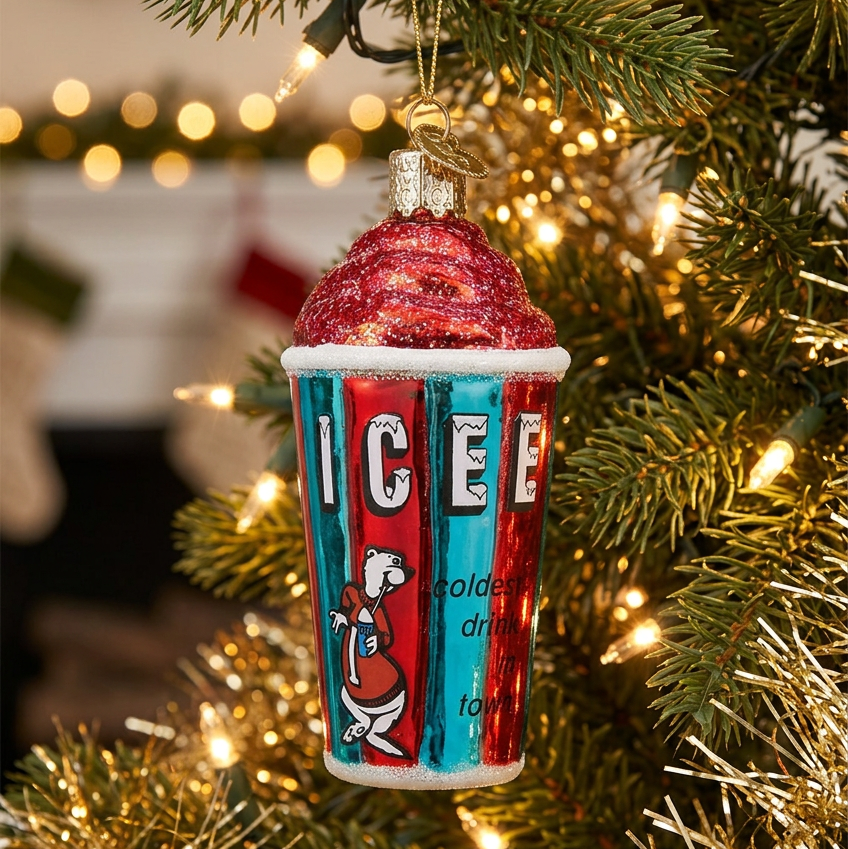 A Christmas ornament shaped like a retro iced coffee cup hanging on a decorated Christmas tree with warm string lights.