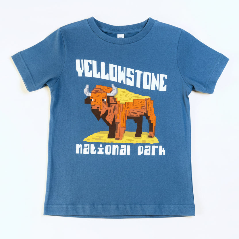 Blue t-shirt with a graphic of a bison and 'Yellowstone National Park' text on a white background