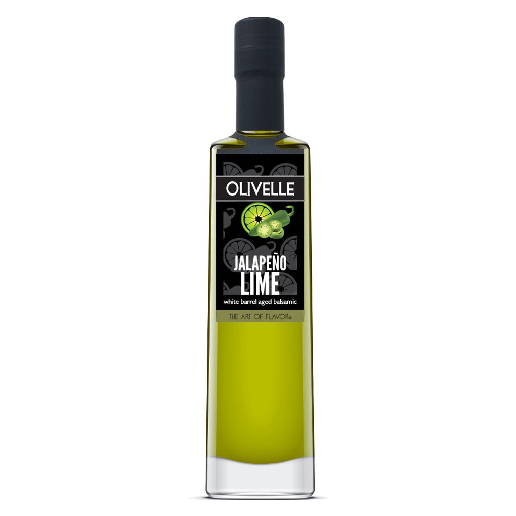 Bottle of Olivelle Jalapeno Lime balsamic vinegar on a white background