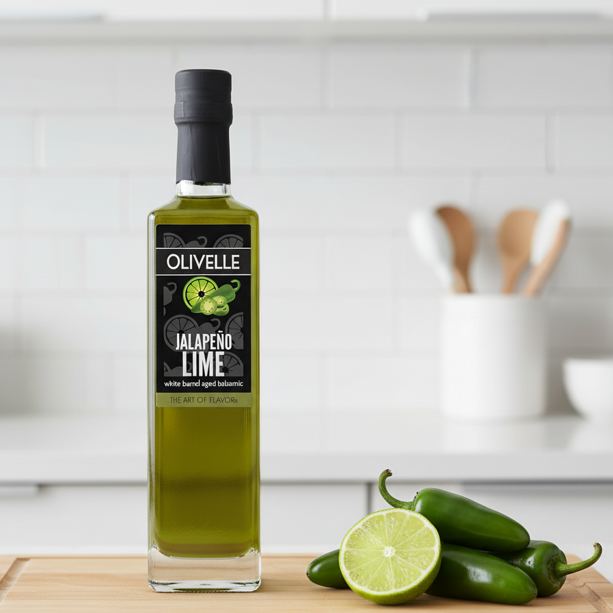 Bottle of Olivelle Jalapeno Lime white balsamic vinegar on a kitchen counter with jalapenos and a lime.