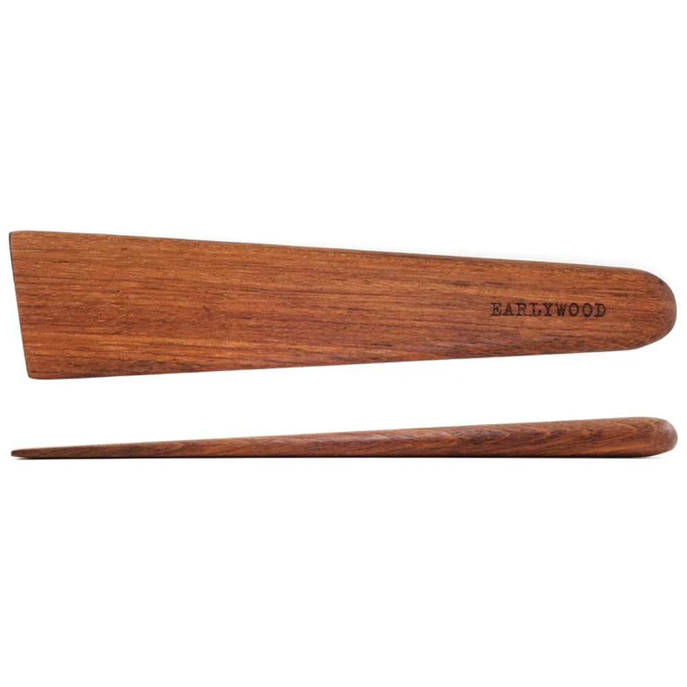 Two wooden hair styling tools on a white background with 'EARLYWOOD' branding.