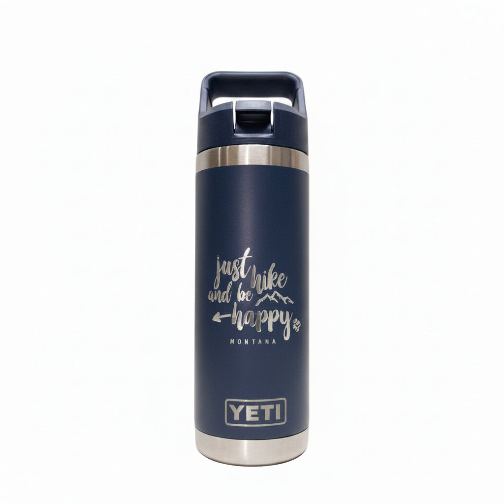 Navy blue YETI insulated bottle with 'Just hike and be happy' text on a white background