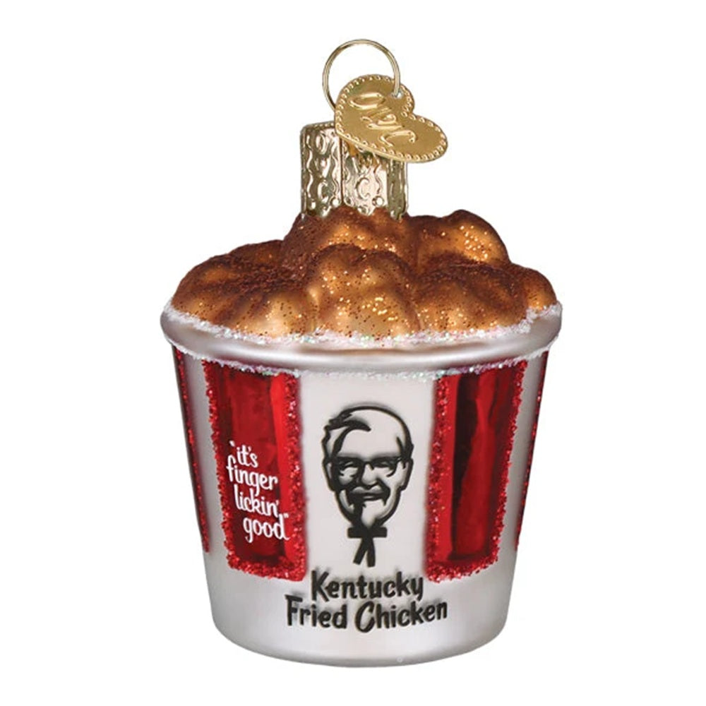 Glass ornament resembling a Kentucky Fried Chicken cup with fried chicken on top.