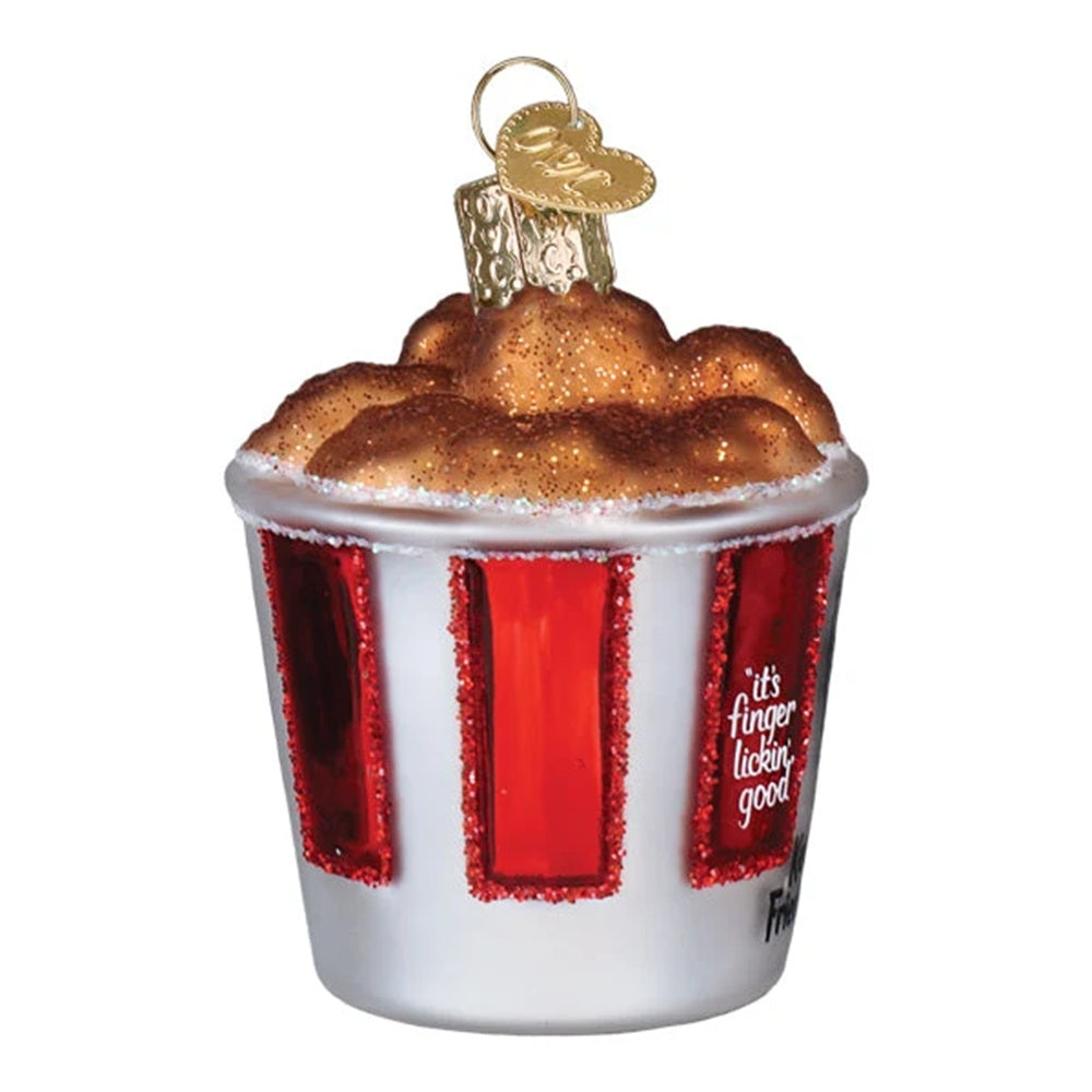 Glass ornament resembling a Kentucky Fried Chicken cup with fried chicken on top.