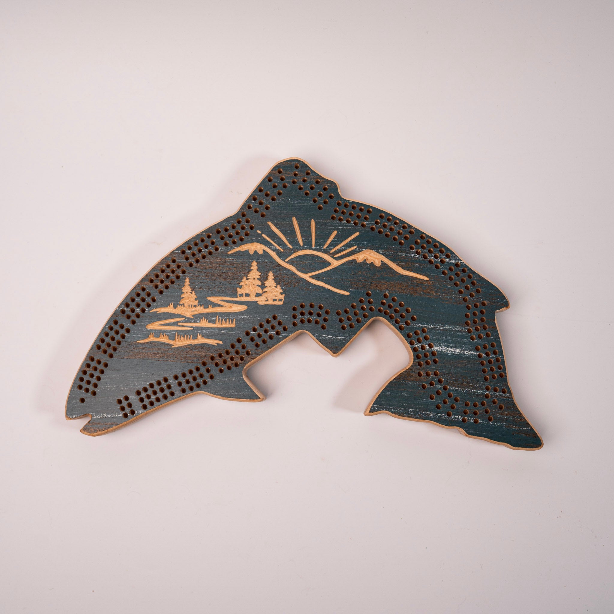 Lakeside Natural Fish Shaped Cribbage Board with Mountain Scene by Knotty Pine Woodworks