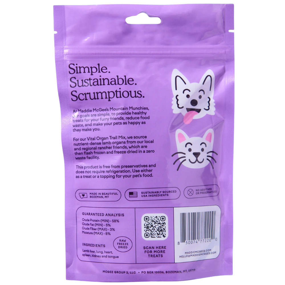Purple package of Maddie McGee's Mountain Munchies pet treats with a paw print logo.
