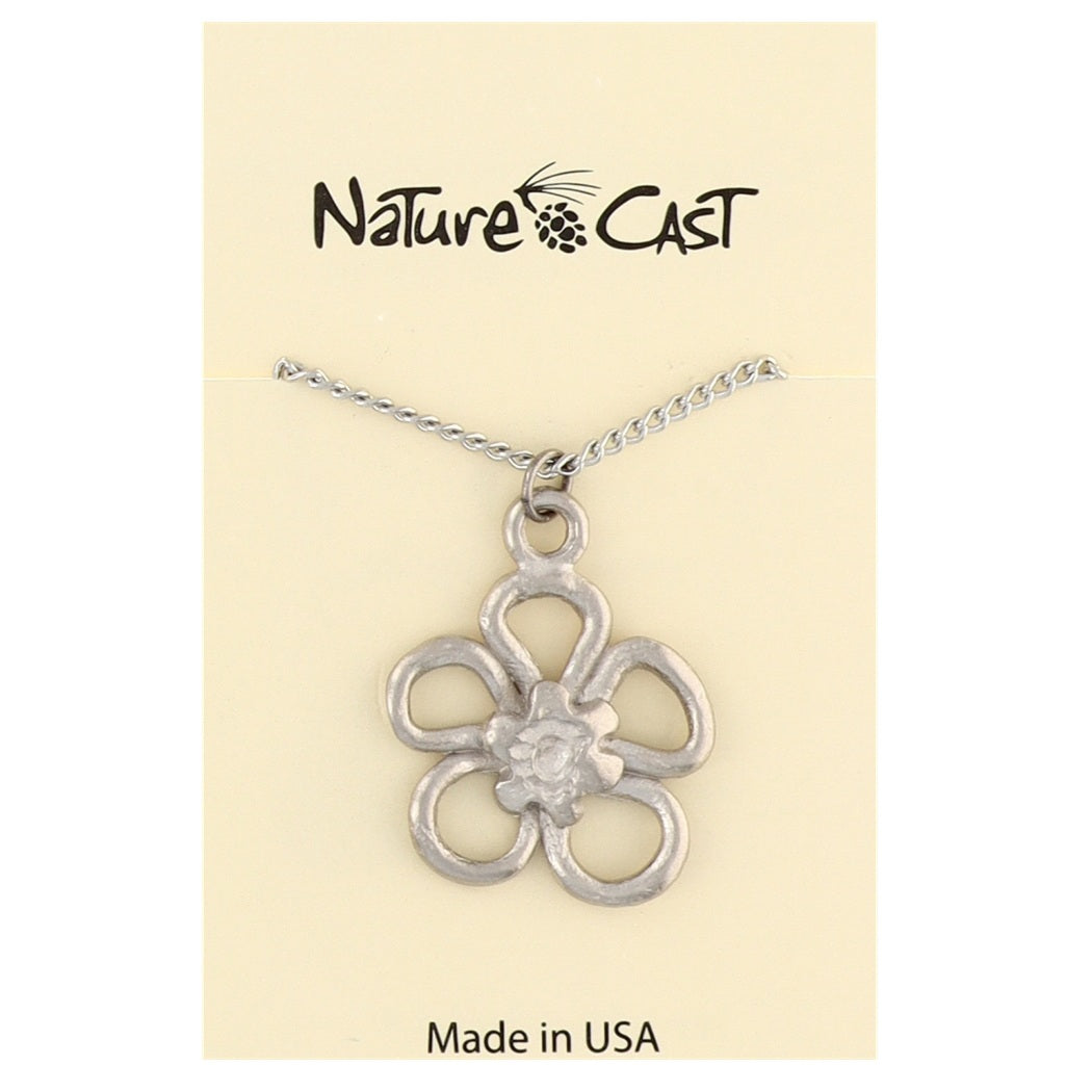 Silver flower-shaped pendant on a card with 'Nature Cast' branding