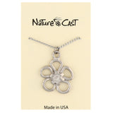 Silver flower-shaped pendant on a card with 'Nature Cast' branding