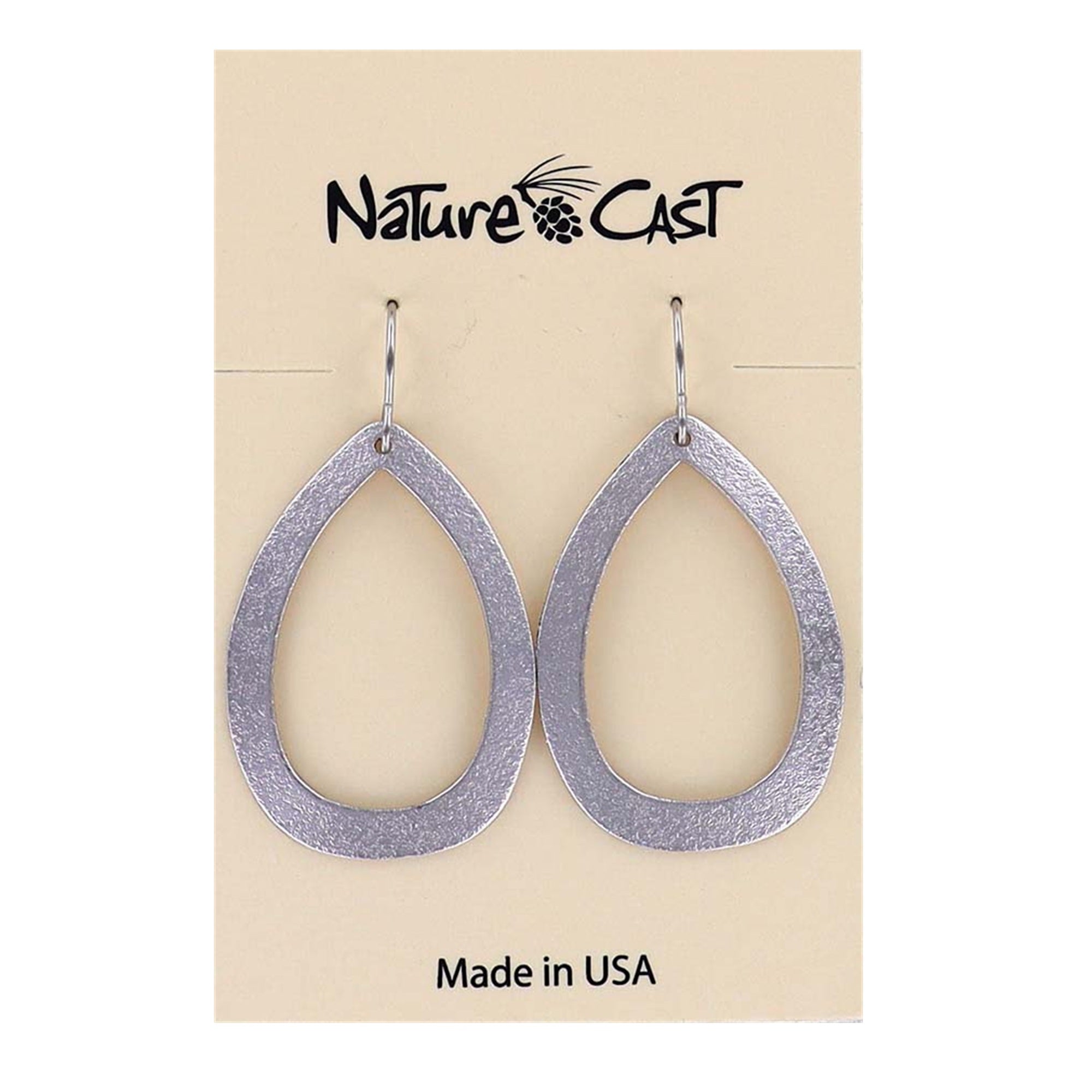 Teardrop-shaped silver earrings on a Nature Cast branded card.