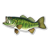 A die-cut vinyl sticker of a green and yellow bass fish, shown on a plain white background.