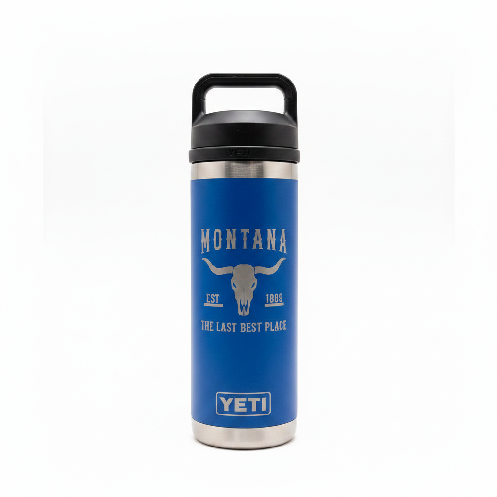 Last Best Place Bull Royal Blue Engraved YETI Rambler 18 oz Bottle with Chug Cap by Montana Gift Corral