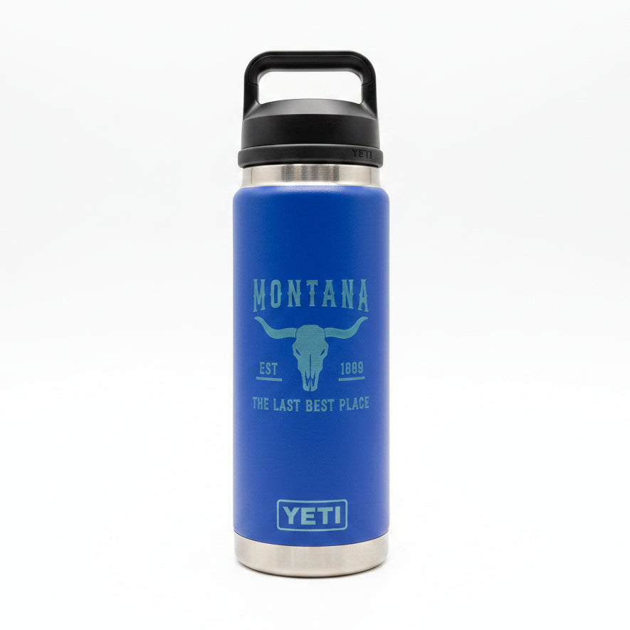 Last Best Place Bull Royal Blue Engraved YETI Rambler 26 oz Bottle with Chug Cap by Montana Gift Corral
