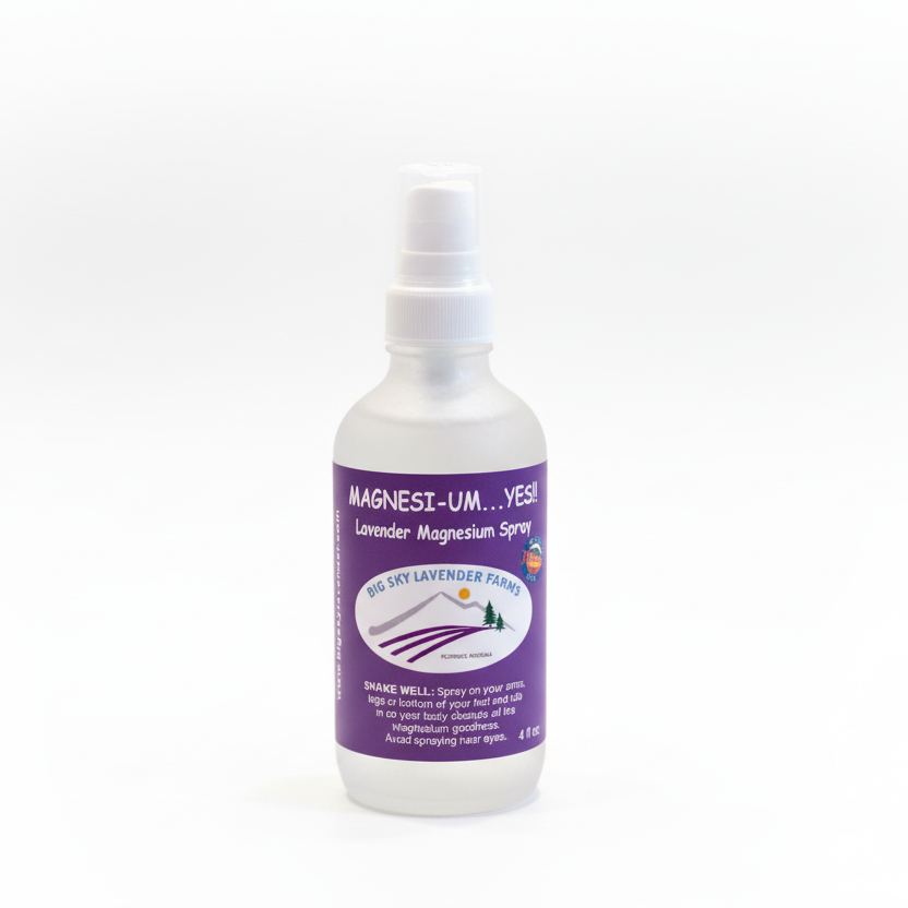 Lavender magnesium spray bottle with purple label on a white background