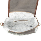 Open view of a shoulder bag showing the interior lining. The bag has brown leather trim, a gray fabric exterior, and a white patterned interior lining with a zippered pocket.