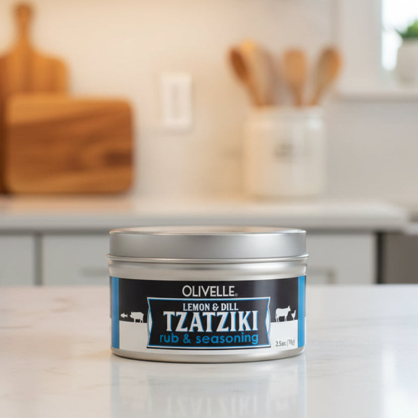 Olivelle Lemon & Dill Tzatziki rub & seasoning container in a modern kitchen