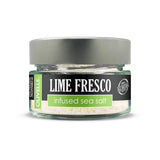 Jar of Lime Fresco infused sea salt with a black label on a white background