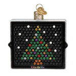 Decorative ornament shaped like a Lite-Brite with a Christmas tree design on a white background