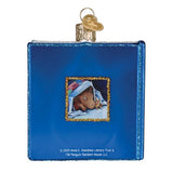 Blue book-shaped ornament with a small illustration of a bear peeking out, on a white background.