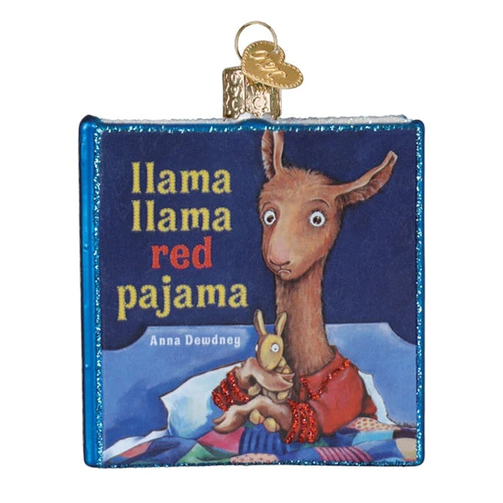 Book ornament titled 'Llama Llama Red Pajama' with a llama illustration on a blue background.