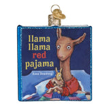 Book ornament titled 'Llama Llama Red Pajama' with a llama illustration on a blue background.