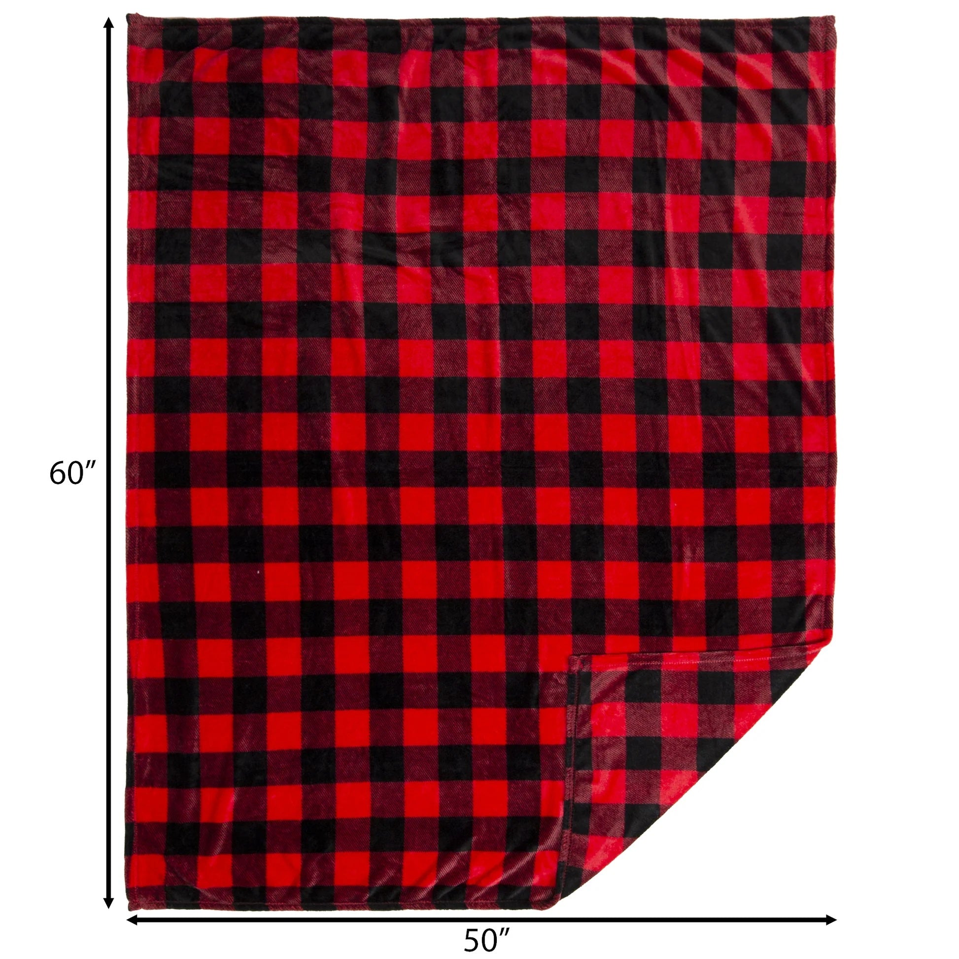 Red and black checkered blanket with dimensions on a white background