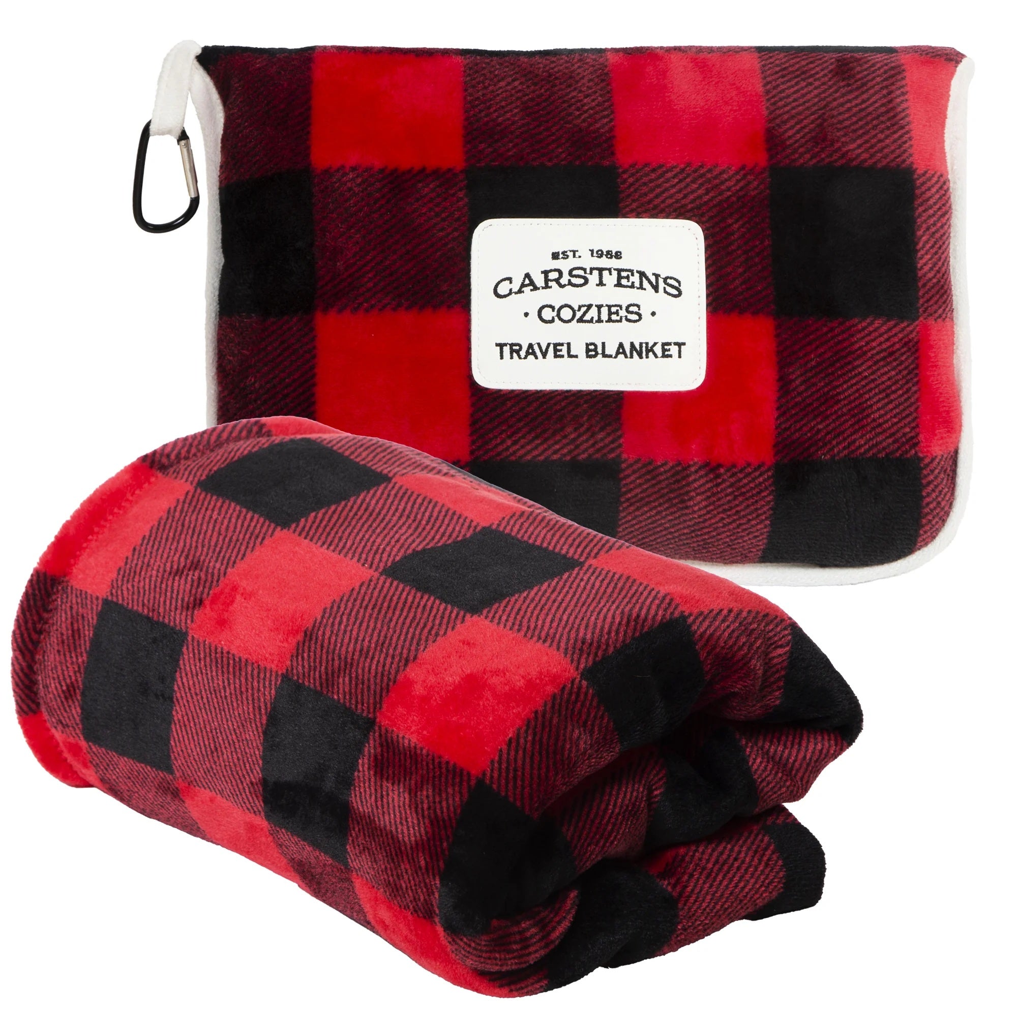 Red and black checkered travel blanket with Carstens Cozies label on a white background