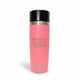 Pink YETI tumbler with a black lid on a white background