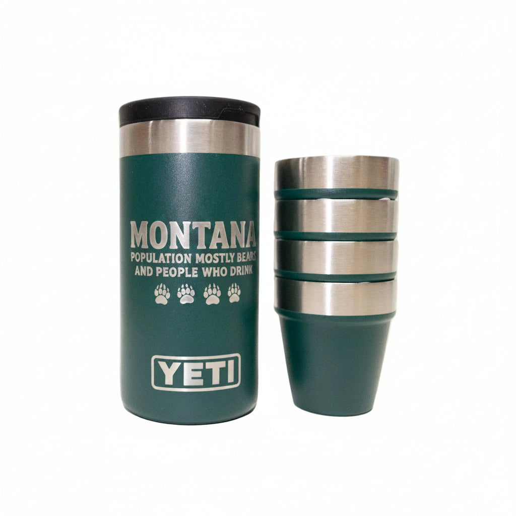 Green YETI tumbler with 'Montana Population Mostly Nice People Who Smoke' text on a white background