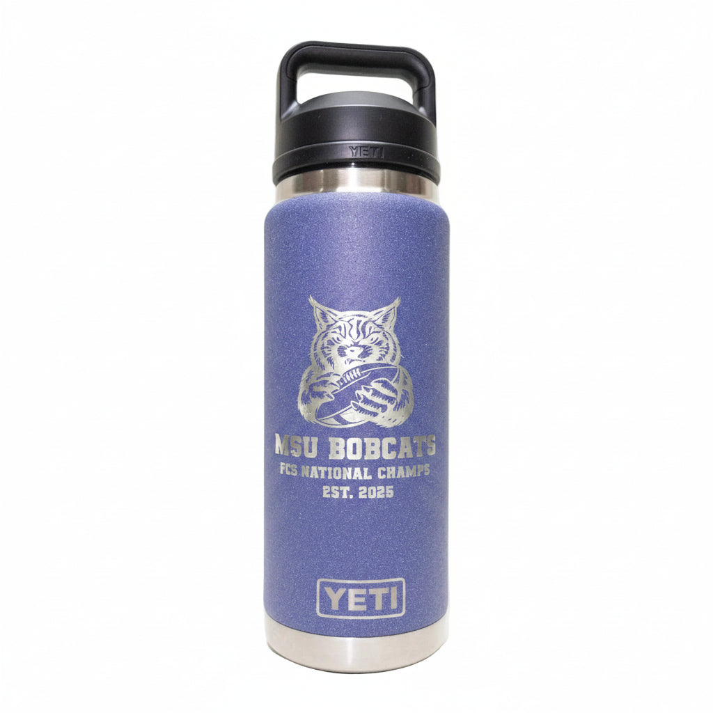 Blue YETI water bottle with MSU Bobcats design on a white background